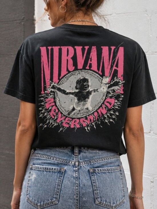 TR Tops - Nirvana Nevermind Graphic T‑Shirt S Retro Album Grunge Band Tee Black Pink by TR